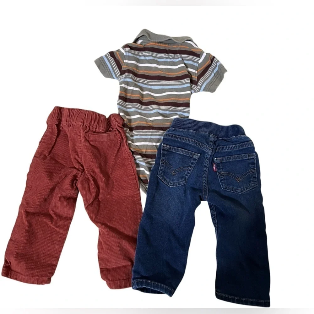 3 item set - Striped Polo Onesie, Reddish brown corduroy pants, Levi’s blue pant